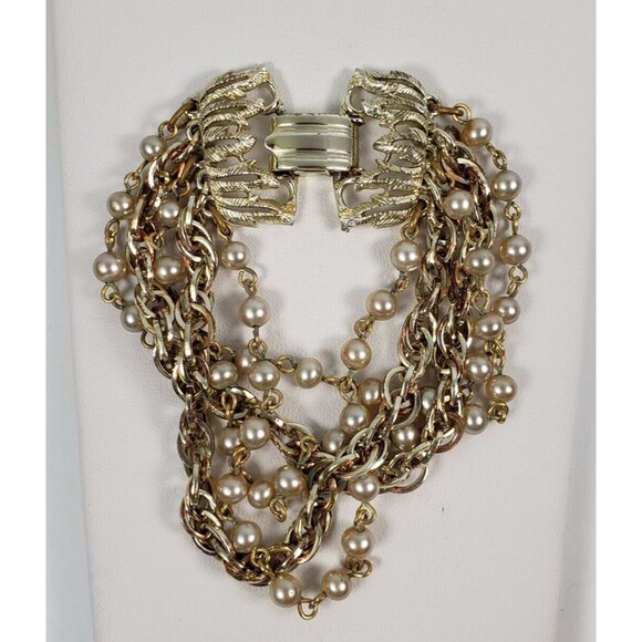 Vintage 1990's Signed Star 5 Strand Gray Pearl Beads Chains 6 1/2 Bracelet - Picture 5 of 15